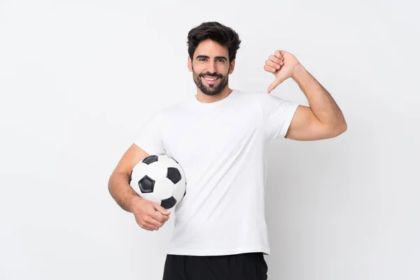 Joven Hombre Guapo Con Barba Sobre Fondo Blanco Aislado Orgulloso —  Fotos de Stock