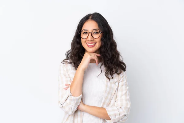 Mixed Race Woman Isolated White Background Glasses Smiling — Stock Photo, Image