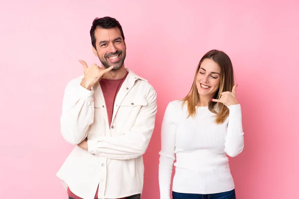 Par Alla Hjärtans Dag Över Isolerade Rosa Bakgrund Gör Telefon — Stockfoto