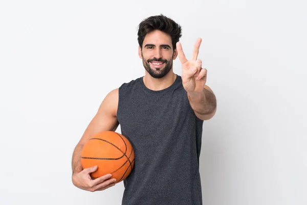 Jugador Baloncesto Hombre Con Barba Sobre Fondo Blanco Aislado Sonriendo —  Fotos de Stock