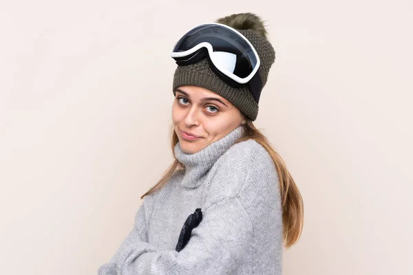 Tiener Skiër Meisje Met Snowboarden Bril Geïsoleerde Achtergrond Maken Twijfels — Stockfoto