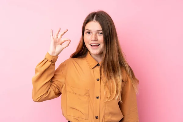 Ukrajinský Teenager Dívka Přes Izolované Růžové Pozadí Překvapen Ukazuje Znamení — Stock fotografie