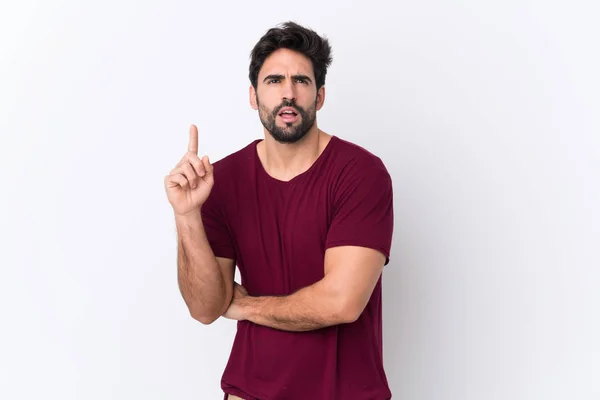 Jeune Homme Beau Avec Barbe Sur Fond Blanc Isolé Pensant — Photo