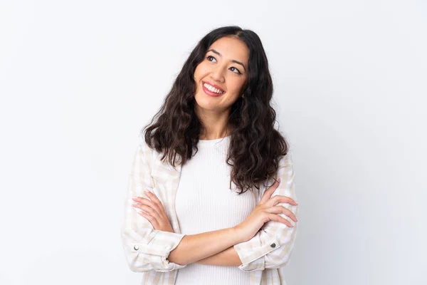 Mixed Race Woman Isolated White Background Looking While Smiling — Stock Photo, Image
