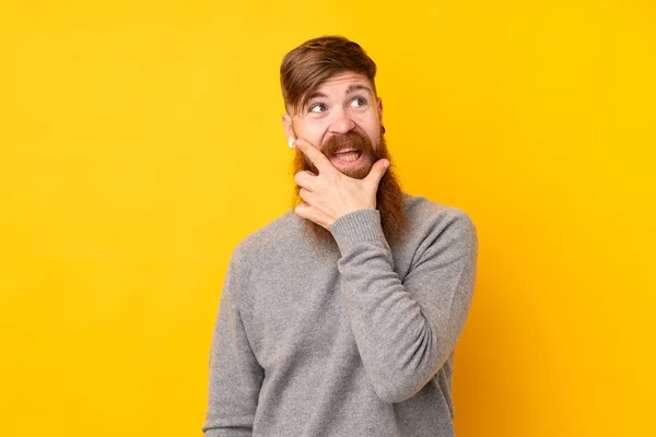 Redhead Man Long Beard Isolated Yellow Background Smiling — Stock Photo, Image