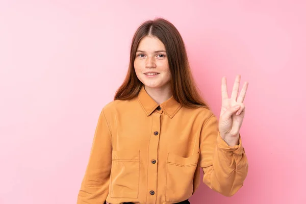 Ukrajinský Teenager Dívka Přes Izolované Růžové Pozadí Šťastný Počítání Tři — Stock fotografie