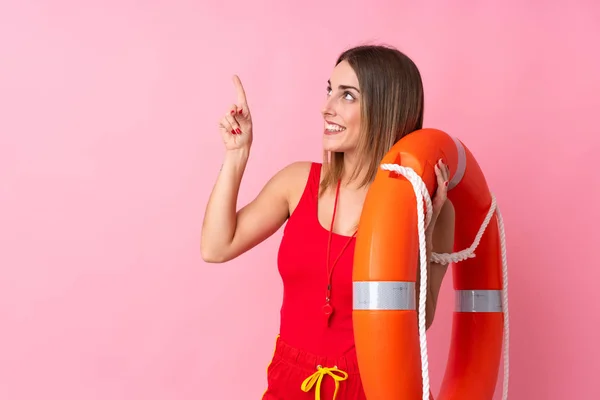 Lifeguard Mulher Sobre Fundo Isolado Apontando Com Dedo Indicador Uma — Fotografia de Stock