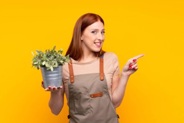 Genç, kızıl saçlı bahçıvan kadın, sarı arka plan üzerinde bir bitki tutuyor.