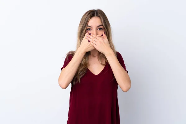 Junge Frau Über Isoliertem Weißem Hintergrund Der Mund Mit Händen — Stockfoto