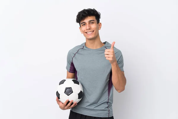 Jovem Argentino Homem Sobre Isolado Fundo Branco Com Bola Futebol — Fotografia de Stock