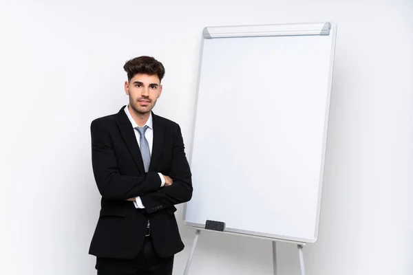 Jungunternehmer Hält Vortrag Auf Whiteboard Und Lächelt Viel — Stockfoto