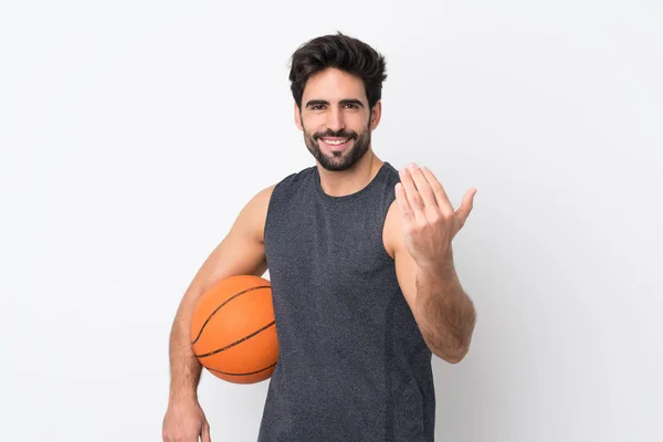 Joven Hombre Guapo Con Barba Sobre Fondo Blanco Aislado Jugando —  Fotos de Stock