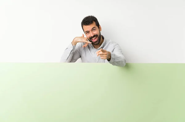 Young Handsome Man Beard Holding Big Green Empty Placard Making — Stock Photo, Image