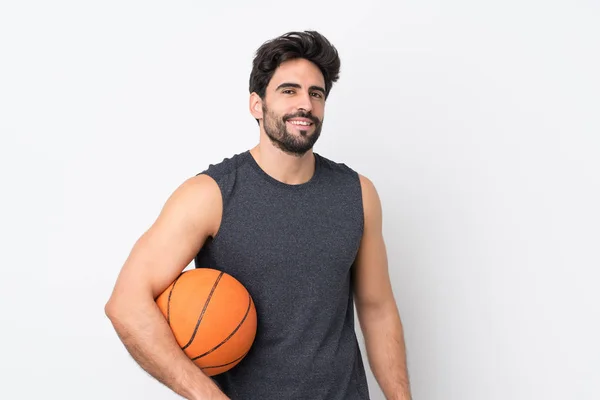 Joven Hombre Guapo Con Barba Sobre Fondo Blanco Aislado Jugando —  Fotos de Stock