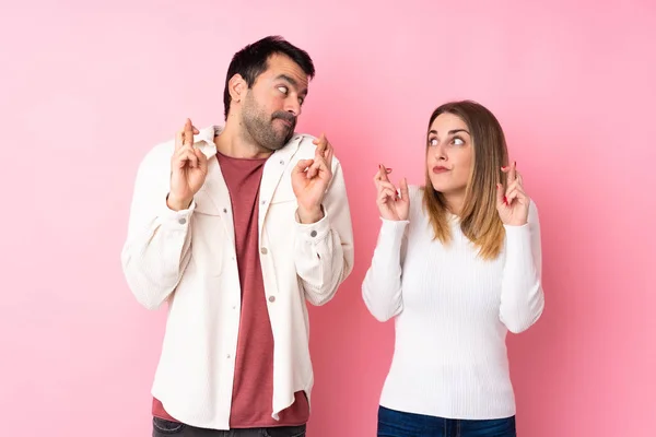 Par Alla Hjärtans Dag Över Isolerad Rosa Bakgrund Med Fingrar — Stockfoto