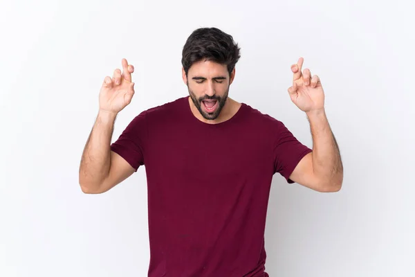 Jeune Homme Beau Avec Barbe Sur Fond Blanc Isolé Avec — Photo