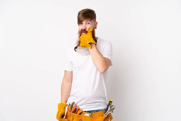 Roodharige Elektricien Met Lange Baard Geïsoleerde Witte Achtergrond Denkend Aan — Stockfoto