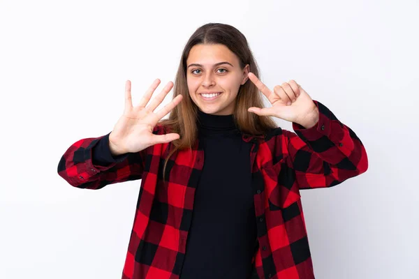 Tiener Meisje Geïsoleerde Witte Achtergrond Tellen Zeven Met Vingers — Stockfoto
