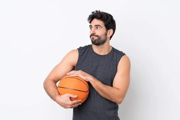 Jugador Baloncesto Hombre Con Barba Sobre Fondo Blanco Aislado Haciendo — Foto de Stock