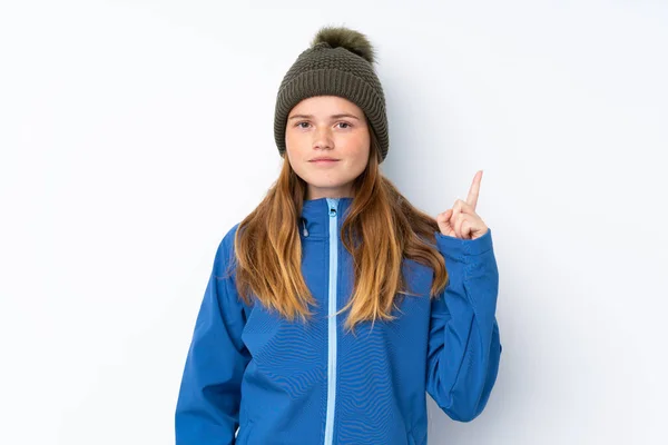 Menina Adolescente Ucraniana Com Chapéu Inverno Sobre Fundo Branco Isolado — Fotografia de Stock