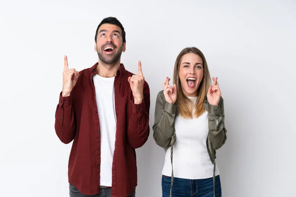 Couple Valentine Day Isolated Background Fingers Crossing — Stock Photo, Image