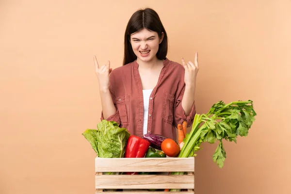Νεαρή Αγρότισσα Φρεσκοκομμένα Λαχανικά Ένα Κουτί Που Κάνει Ροκ Χειρονομία — Φωτογραφία Αρχείου