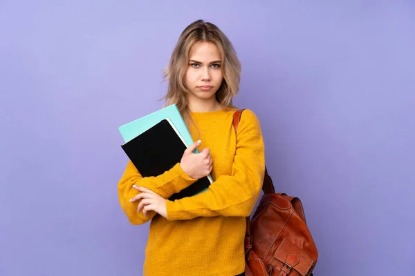 Adolescente Estudante Russo Menina Isolada Fundo Roxo Sentindo Chateado — Fotografia de Stock