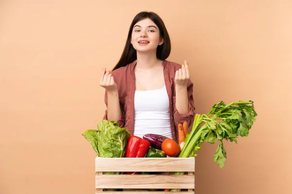 Jovem Agricultor Menina Com Legumes Recém Colhidos Uma Caixa Fazendo — Fotografia de Stock