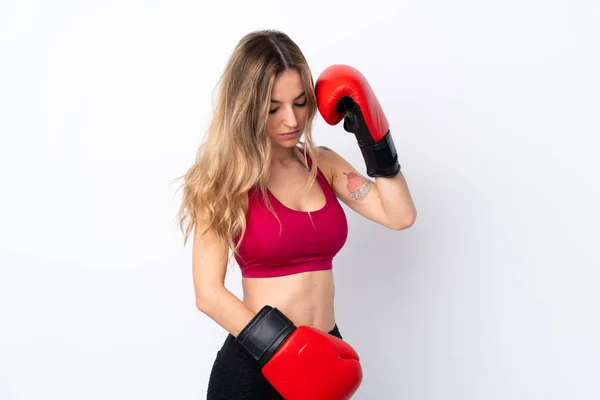 Mujer Deportiva Joven Sobre Fondo Blanco Aislado Con Guantes Boxeo — Foto de Stock