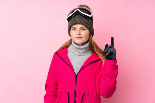 Menina Adolescente Ucraniana Esquiador Com Óculos Snowboard Sobre Fundo Rosa — Fotografia de Stock