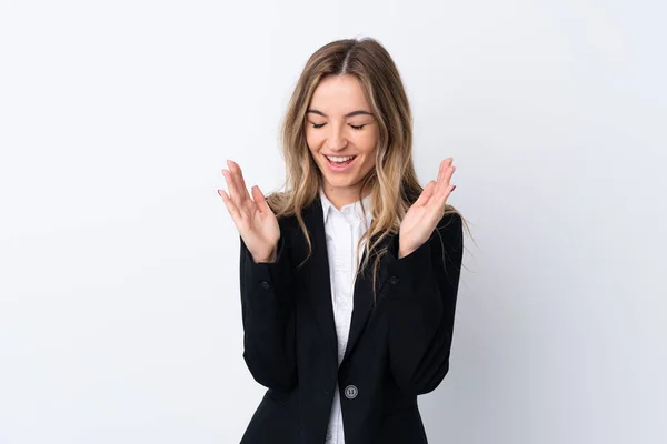 Junge Geschäftsfrau Über Isolierten Weißen Hintergrund Lacht — Stockfoto