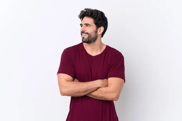 Jovem Homem Bonito Com Barba Sobre Fundo Branco Isolado Feliz — Fotografia de Stock