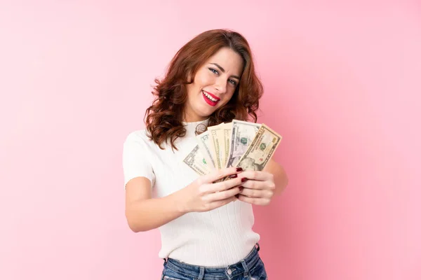 Young Russian Woman Isolated Pink Background Taking Lot Money — ストック写真