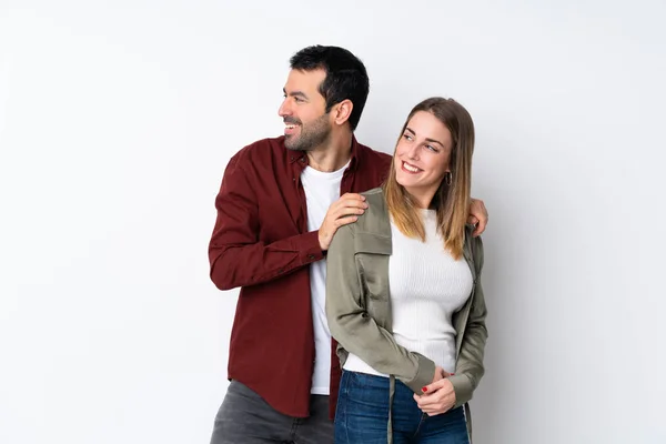 Pareja San Valentín Sobre Fondo Aislado Mirando Lado —  Fotos de Stock