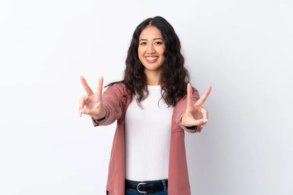 Spanish Chinese Woman Isolated White Background Smiling Showing Victory Sign — Stock Photo, Image