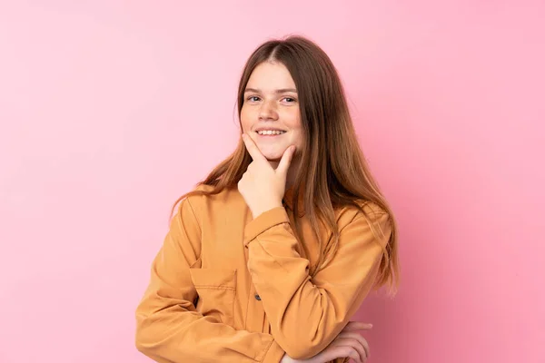 Ucraniano Adolescente Chica Sobre Aislado Rosa Fondo Sonriendo —  Fotos de Stock