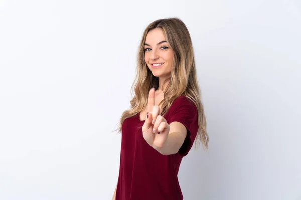 Mujer Joven Sobre Fondo Blanco Aislado Mostrando Levantando Dedo —  Fotos de Stock