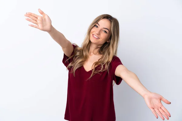 Mujer Joven Sobre Fondo Blanco Aislado Presentando Invitando Venir Con —  Fotos de Stock