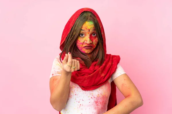 Young Indian Woman Colorful Holi Powders Her Face Isolated Pink — Stock Photo, Image
