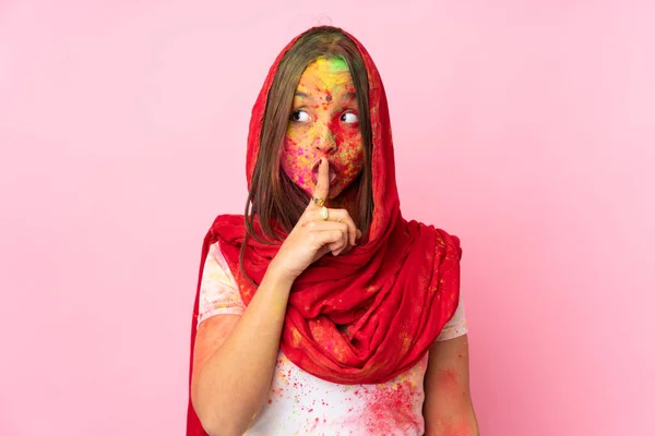 Jeune Femme Indienne Avec Des Poudres Holi Colorées Sur Son — Photo