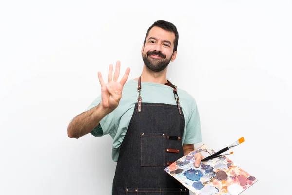 Ung Konstnär Man Håller Palett Över Isolerad Bakgrund Glad Och — Stockfoto