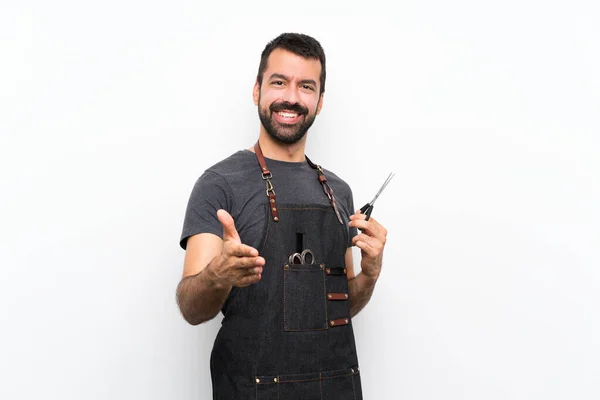 Kapper Man Een Schort Schudden Handen Voor Het Sluiten Van — Stockfoto