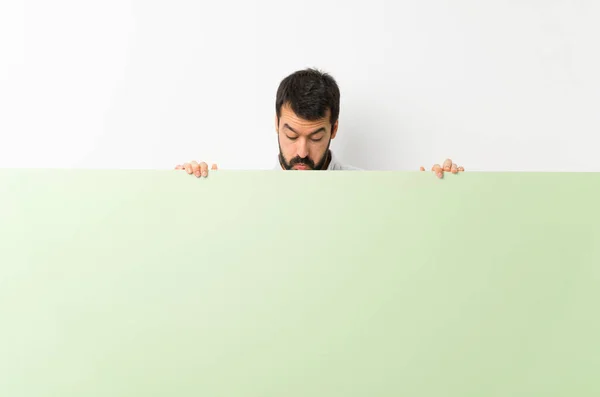 Young Handsome Man Beard Holding Big Green Empty Placard — Stock Photo, Image