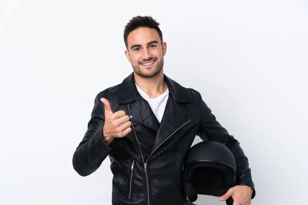 Homem Com Capacete Motocicleta Com Polegares Para Cima Gesto Sorrindo — Fotografia de Stock