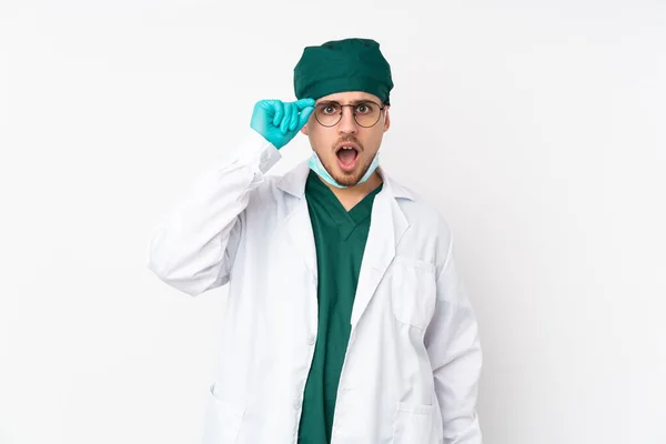 Surgeon Green Uniform Isolated Isolated White Background Glasses Surprised — Stock Photo, Image