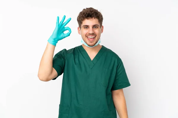 Surgeon Green Uniform Isolated Isolated White Background Surprised Showing Sign — Stock Photo, Image