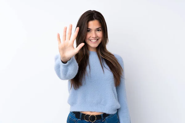 Teenager Mädchen Über Isoliertem Weißem Hintergrund Der Mit Den Fingern — Stockfoto