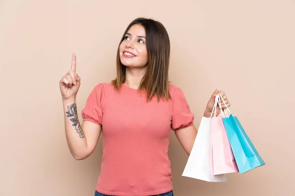 Young Woman Shopping Bag Isolated Background Intending Realizes Solution While — Stock Photo, Image