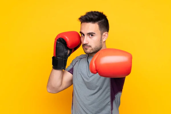 Sport Man Isolated Yellow Wall Boxing Gloves — Stock Photo, Image