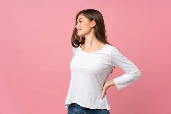 Young Woman Isolated Pink Background Suffering Backache Having Made Effort — Stock Photo, Image